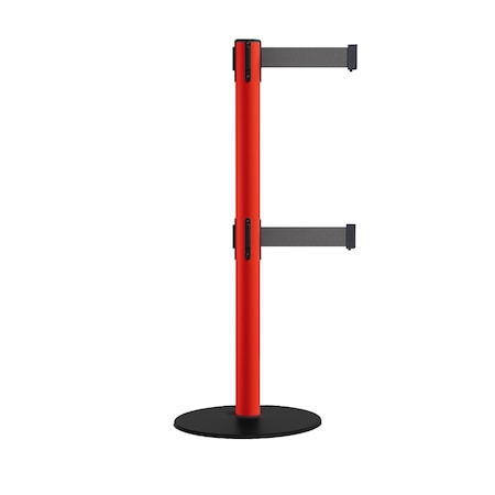 Montour Line Retractable Dbl Belt 2.5" Red Post , Low Base, 11' Dk Gry Belt S400D-RD-DGY-110